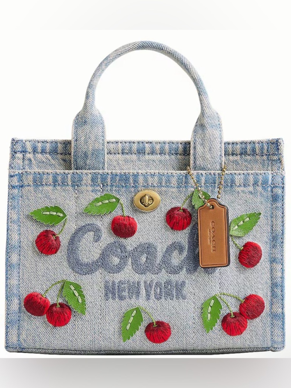 Coach Light Blue Denim Cherry Embroidered Tote 26”